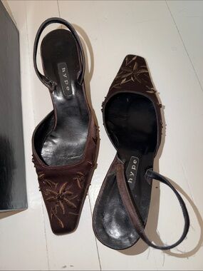 Hype Brown Satin Embroidered Slingback Mules